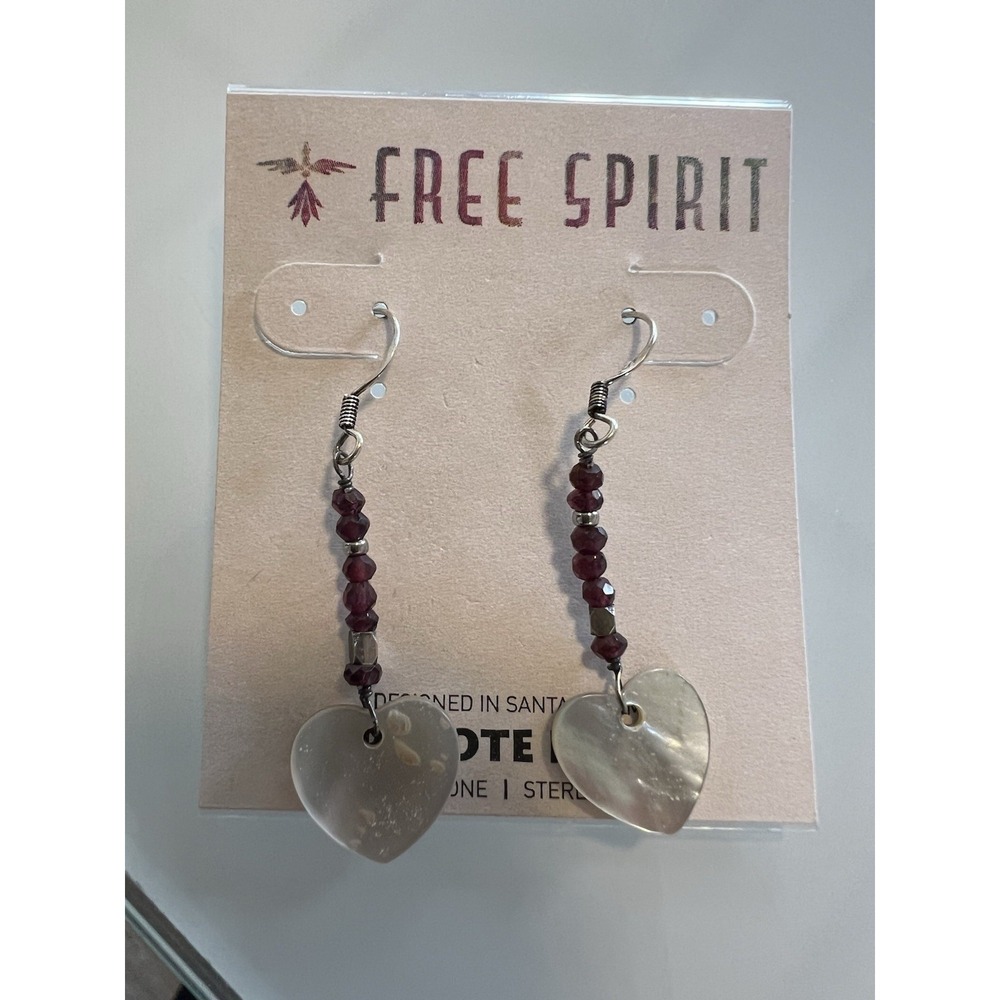 Peyote Bird Garnet Beaded Heart Drop Dangle Earrings Sterling Silver Artzy Boho